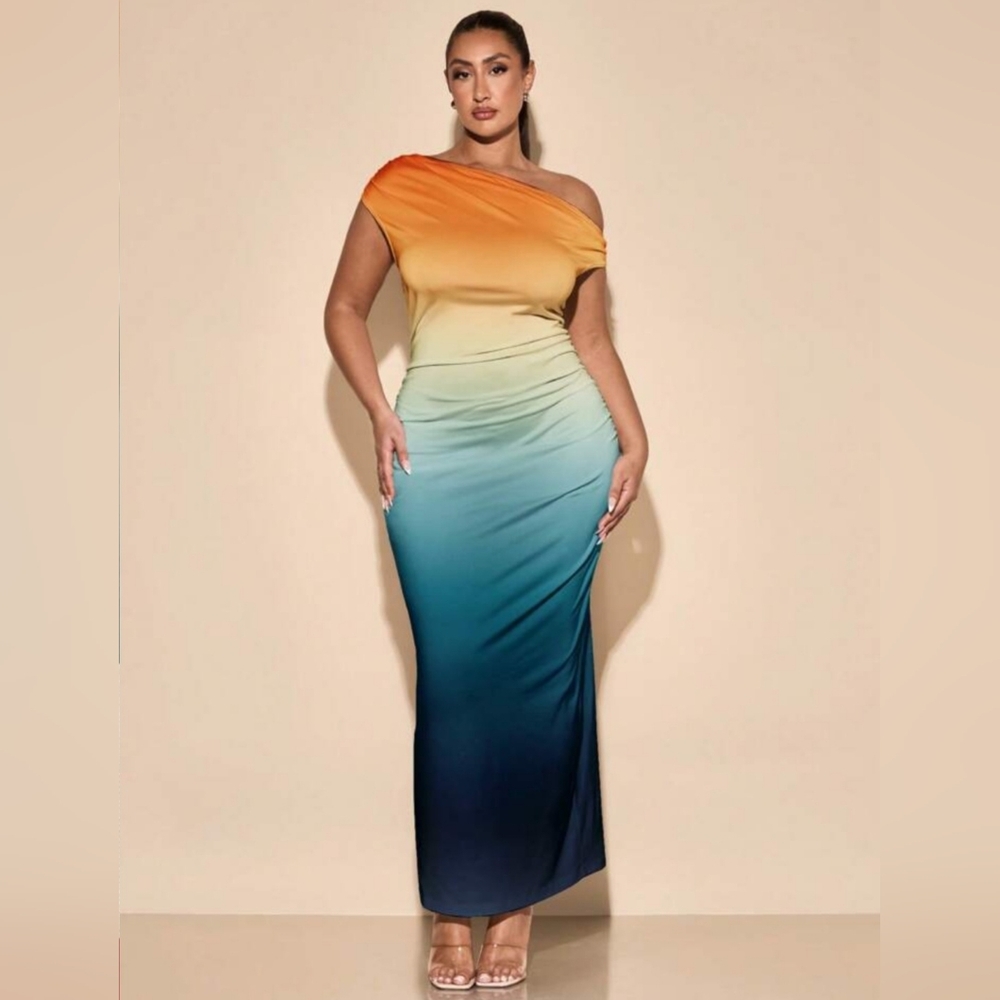 Silquee SHEIN BAE Plus Size Asymmetrical Shoulder Fitted Sexy Gradient Print Dre